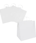 Sturdy White Paper Shopping Bags With Handles 14.2 By 8.3 By 13.2 Inches 100 Pack Durable Grocery Gift Bags displayed on white background