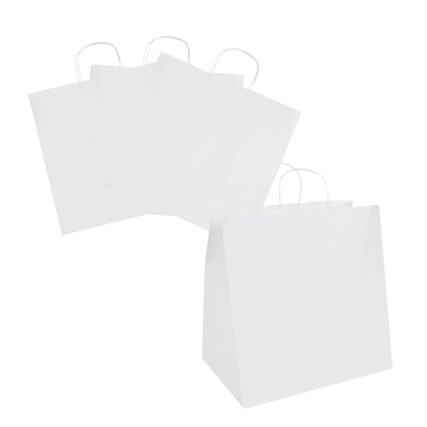 Sturdy White Paper Shopping Bags With Handles 14.2 By 8.3 By 13.2 Inches 100 Pack Durable Grocery Gift Bags displayed on white background