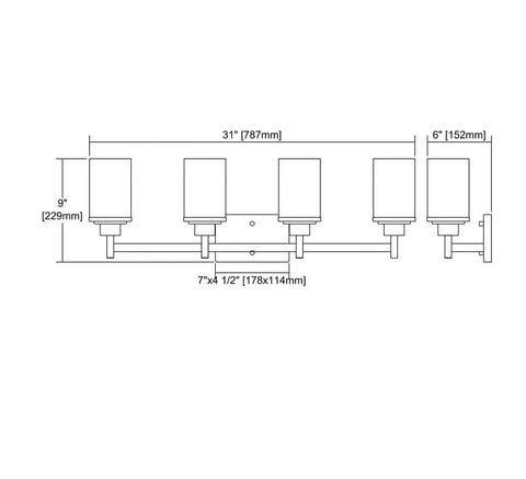Opal White Glass 4 Light Vanity Light In Oil Rubbed Bronze Finish For Bathrooms 31 Inch Wide 9 Inch High 6 Inch Depth schematic
