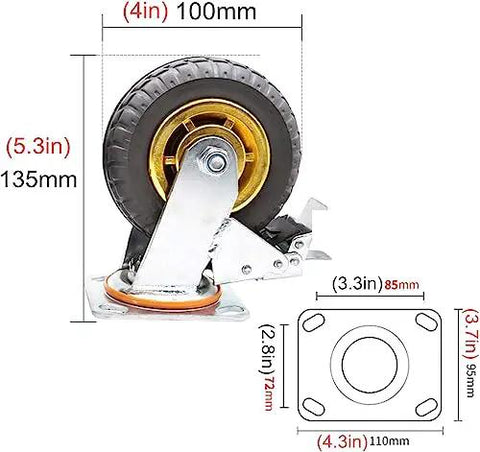 Heavy Duty Rubber Swivel Casters With Locking Brakes Set Of Four For Home Furniture And Utility Carts Smooth Dual Bearing Wheels side view with dimensions