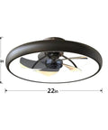 Dimmable LED Ceiling Fan With Remote, 5 Blade Black Low Profile Semi Flush Mount, 21.5 Inch, side view showing dimensions