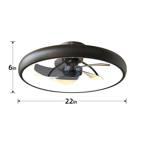 Dimmable LED Ceiling Fan With Remote, 5 Blade Black Low Profile Semi Flush Mount, 21.5 Inch, side view showing dimensions