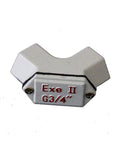Front-angle view of white explosion-proof junction box with Ex e II G3/4 marking and two screws.