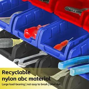 Close-up of blue and red storage bins from Wall Mounted Garage Storage Bin Kit 94 Piece Organization System with tools
