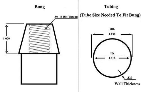 Diagram showing bungs and tubing measurements for the Bulletproof 4 Link Rod End Kit With 3/4 16 Threads.