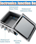 Weatherproof 304 Stainless Steel Junction Box Wall Mounted Outdoor Enclosure with 3 cable glands open to show interior details