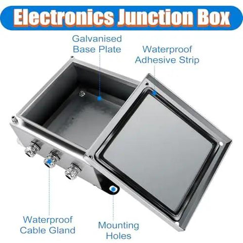 Heavy-Duty Stainless Steel Junction Box for Control Panels, Wall Mounted Electrical Enclosure, open view with cable glands and mounting holes