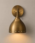 Mid Century Modern Brass Wall Sconces Set of 2, Brass Wall Light Fixtures on neutral wall with soft light.