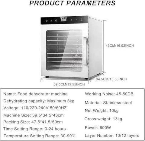 Heavy Duty Commercial Food Dehydrator And Freeze Dryer Combo, 10 Tray 1000W Electric Jerky Machine with stainless steel finish.
