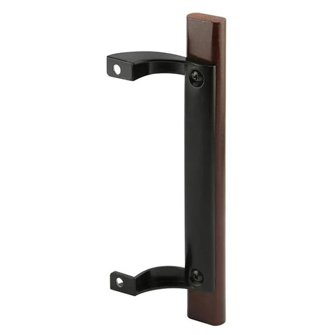 Side view of Sliding Glass Door Pull Handle With Wood Grip And Black Diecast Mounting Fits 6-1/2 In To 6-5/8 In Hole Centers Easy Push Pull Operation