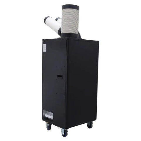 Job Site Ready Heavy Hitter Industrial Air Conditioner Double Exhaust Extendable Duct High Performance Outdoor Ventilation Fan 15400 Btu 220V Built Tough Cooling System Black with dual ducts.