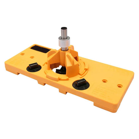 Hinge drilling jig with orange base, drill guide and locator for cabinet doors, 15–35 mm