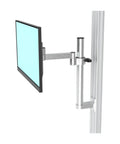 Rock Solid Wall Mounted Aluminum Swivel Monitor Arm With Full Extension Bracket For Heavy Duty Industrial Desk Setup and Smooth Glide Adjustments, side view showing monitor position.