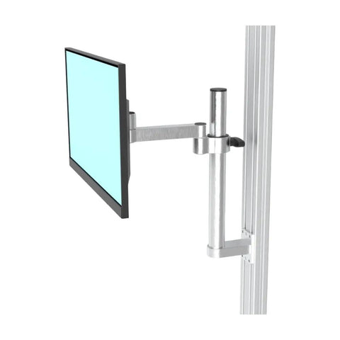 Rock Solid Wall Mounted Aluminum Swivel Monitor Arm With Full Extension Bracket For Heavy Duty Industrial Desk Setup and Smooth Glide Adjustments, side view showing monitor position.