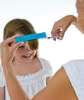 Effortless Home Hair Cutting Guide Designed For Lowkey Perfect Bangs And Seamless Salon Quality Diy Trimming Tool Set Of Two For All Hair Types Zero Hassle Quick Fix. A woman using a hair cutting shield to trim a girl's bangs.