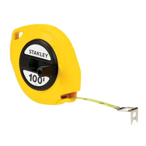 Tape Measure With Three Eighths Inch Graduations And 100 Foot Reach, Durable Steel Blade, Polymer Coated, Bright Yellow Body