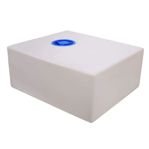 33 Gallon Food Grade LLDPE RV Water Holding Tank for Camping and Trailers, white tank with blue cap, square shape.