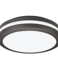 Outdoor Flush Mount LED Ceiling Light For Porches And Walkways, 4000K Cool White, Dark Bronze Exterior Fixture, close-up view.