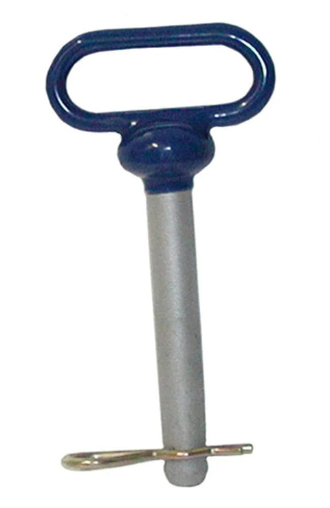 Heavy Duty Steel Hitch Pin One Half Inch By Four Inch Usable Length With Blue Poly Coated Handle And Zinc Plated Cotter Pin Included For Trucks And Trailers Built Tough SAE AISI 1541 Steel Construction For Maximum Strength And Reliability