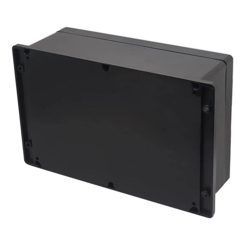 Kickass Abs Black Electrical Junction Box IP65 Waterproof Outdoor Enclosure For DIY Projects With Cable Glands measuring 10.35 by 7.17 by 3.74 inches, showing the back view.