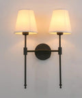 Classic Rustic Double Wall Sconce Lighting Fixture With Flared White Textile Shade And Black Long Arm For Bedroom Bathroom And Hallway.