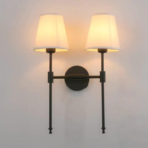 Classic Rustic Double Wall Sconce Lighting Fixture With Flared White Textile Shade And Black Long Arm For Bedroom Bathroom And Hallway.