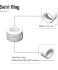 Swirl ring WSP-02012 details, showing ceramic material and labeled as WeldingStop OEM, part of Pro Grade Plasma Electrode Tip Kit 0.96mm For ESAB PCM-500i PT-31XL Torch, Compatible With POWERCUT 650 And HandyPlasma 550, 50Pcs Includes Nozzle, Vortex Ring Shield Cup WSP-02008 02009 02012 02002 30A