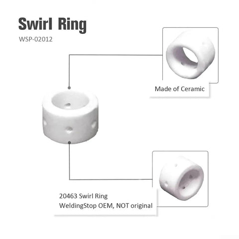 Swirl ring WSP-02012 details, showing ceramic material and labeled as WeldingStop OEM, part of Pro Grade Plasma Electrode Tip Kit 0.96mm For ESAB PCM-500i PT-31XL Torch, Compatible With POWERCUT 650 And HandyPlasma 550, 50Pcs Includes Nozzle, Vortex Ring Shield Cup WSP-02008 02009 02012 02002 30A