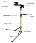 Adjustable Height Bike Repair Stand With Foldable Design For Home And Shop, 360 Degree Rotating Clamp, labeled parts, aluminum