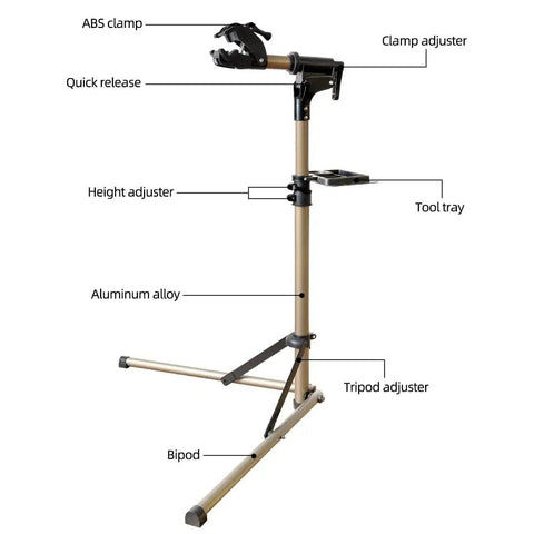 Adjustable Height Bike Repair Stand With Foldable Design For Home And Shop, 360 Degree Rotating Clamp, labeled parts, aluminum