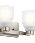 Fourteen And A Half Inch Two Light Vanity Light With Satin Etched Glass In Brushed Nickel, Sleek Contemporary Bathroom Fixture for modern homes