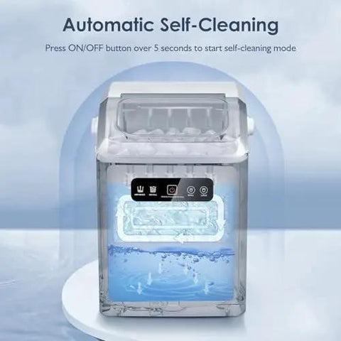 Quick Chill Countertop Ice Maker With Automatic Self Cleaning And Flexible Cube Options Generating Twenty Six Pounds, showing self-cleaning feature.