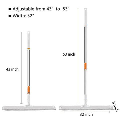 Pro Grade 32 Inch Flat Mop System With Aluminum Telescopic Handle showing adjustable height and 32-inch wide mop head
