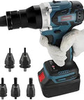 Slick Automatic Cordless Rivet Gun Workhorse Kit With Electric Blind Nut Replacement Heads M3 Through M12 held by gloved hand.