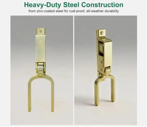 Heavy Duty Instant Locking Gate Latch With Slick One Hand Operation Rust Resistant Gold Alloy Steel Fence Hardware built strong for farm ranch use.