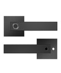 Smart Biometric Door Lock With Fingerprint Keyless Handle For Home Use, black metal handles from different angles.