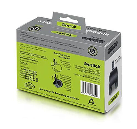 Slipstick CB680 chair caster wheels packaging box, front view; set of 5, 50mm (2in), black/gray.