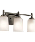 Three Light Vanity Light Fixture With Satin Etched Glass Shades In Olde Bronze, Wall Mount Over Mirror Bathroom Lighting For Powder Rooms