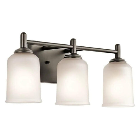 Three Light Vanity Light Fixture With Satin Etched Glass Shades In Olde Bronze, Wall Mount Over Mirror Bathroom Lighting For Powder Rooms