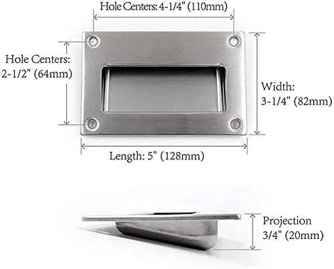 Dimensions of Concealed Recessed Flush Pull Handle 2-Pack Stainless Steel Hidden Flat Sliding Door Pulls, 5x3.25in, side view included.