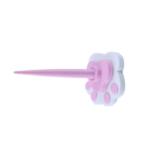 Pink and white spindle detail of desk yarn stand with swivel wheels and textured non slip base, adjustable spool holder for weaving and knitting
