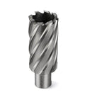 Front view of a silver Weldon-shank annular cutter with spiral flutes for metal drilling