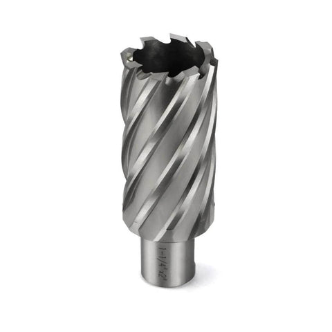 Front view of a silver Weldon-shank annular cutter with spiral flutes for metal drilling