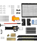 Beefy 30 Ton H Frame Air Hydraulic Shop Press With Hand Winch And Pin Kit parts and accessories laid out on surface