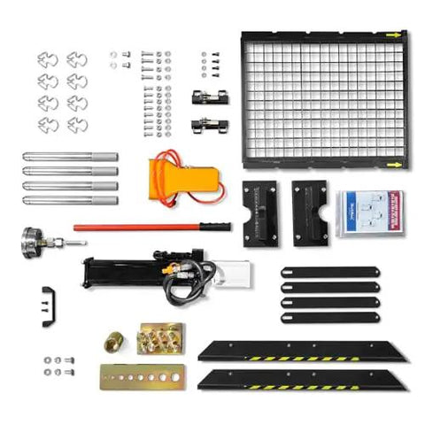 Beefy 30 Ton H Frame Air Hydraulic Shop Press With Hand Winch And Pin Kit parts and accessories laid out on surface