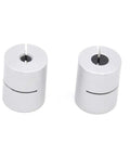 Front view of two white aluminum shaft couplings for 5–8 mm shafts, pack of 2.
