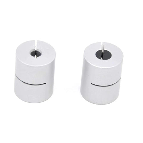 Front view of two white aluminum shaft couplings for 5–8 mm shafts, pack of 2.
