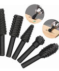 Five black rotary burrs with textured cutting heads for carving and grinding; front view