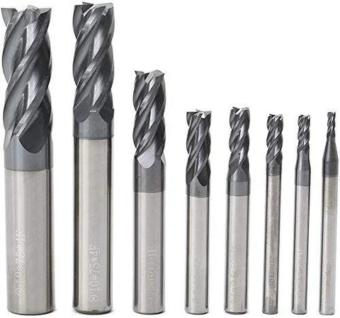 8pcs 2-12 mm carbide end mills with square-nose, 4-flute, straight shank milling cutters