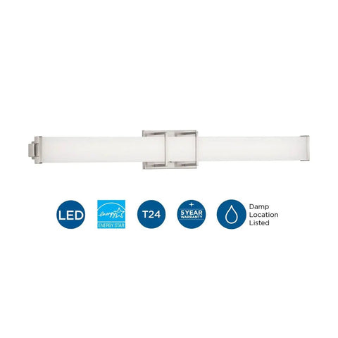 Phase 2.2 LED Bath Vanity Light With White Acrylic Shade Modern Brushed Nickel Finish 36 Inch Dimmable Sleek Powder Room Fixture For That Fresh Dope Modern Vibe shown with warranty icons and specs like LED, damp location listed, and Energy Star.